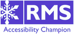 RMS Accessibility Champion logo, white snowflake and lettering RMS on a blue background and Accessibility Champion written in blue underneath.